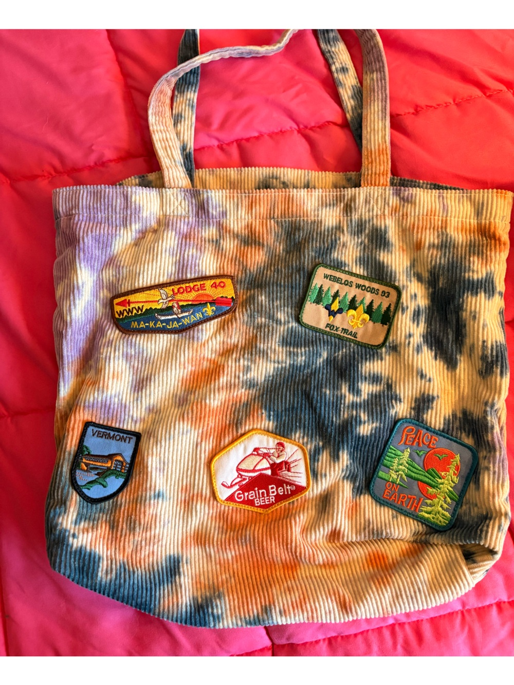 Tie-Dye Corduroy Patch Tote Bag - Multicolor